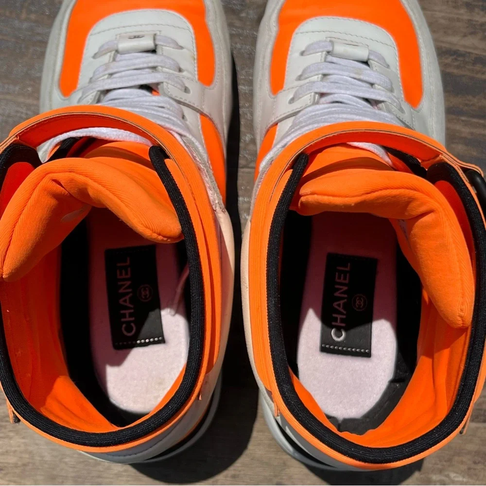 CHANEL Tricolor Leather and Neoprene CC High Top Sneakers